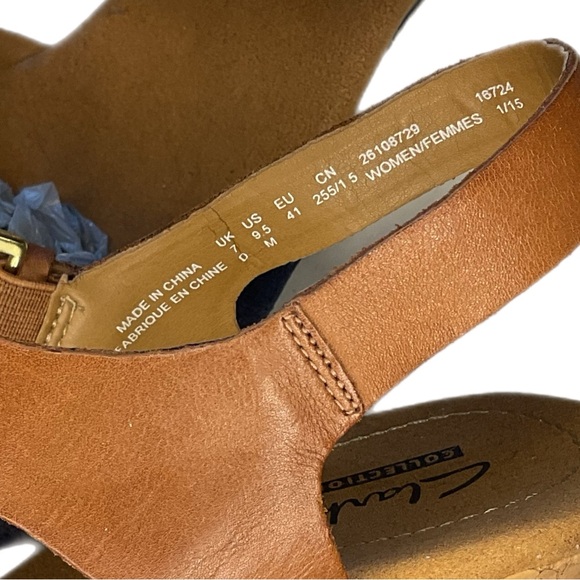Clarks Collection Sandals Cork Wedge Open Toe Ankle Straps Blue Tan 9.5 - Picture 4 of 16